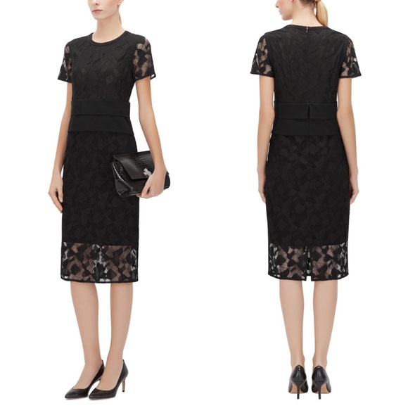 BOSS Hugo Boss Black Lace Evening Cocktail Dress Sheer Sleeves Double Waistband - Picture 1 of 15